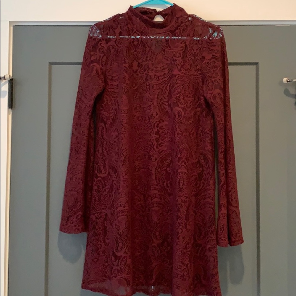 Long sleeve, mock neck, lace mini dress